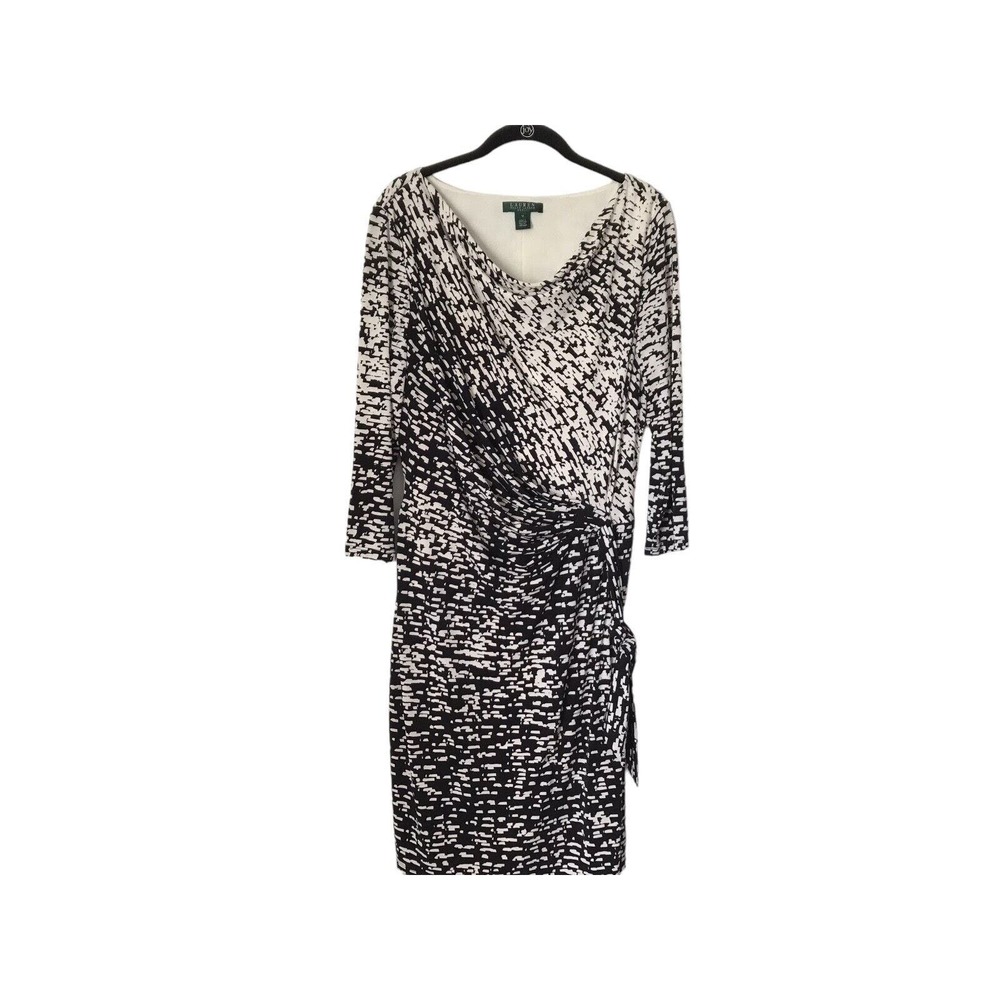 Lauren Ralph Lauren dress abstract print ruched 3/4 sleeve cowl neck sheath